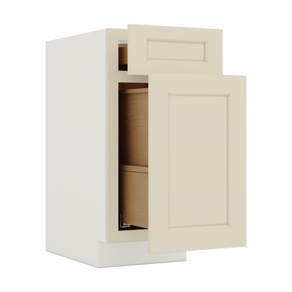 Trash Can Pull Out Base Cabinet Manhattan Cream Shaker 1-1/4" Overlay 15" and 18" Wide
