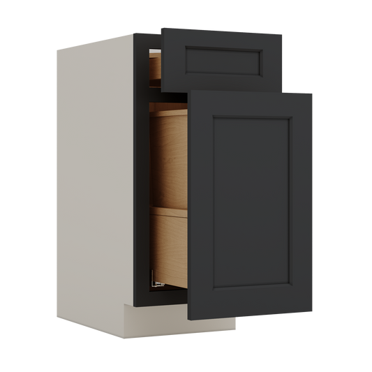 Trash Can Pull Out Base Cabinet 15HNS Hermosa Noir Black Shaker 1-1/4" Overlay 15" and 18" Wide
