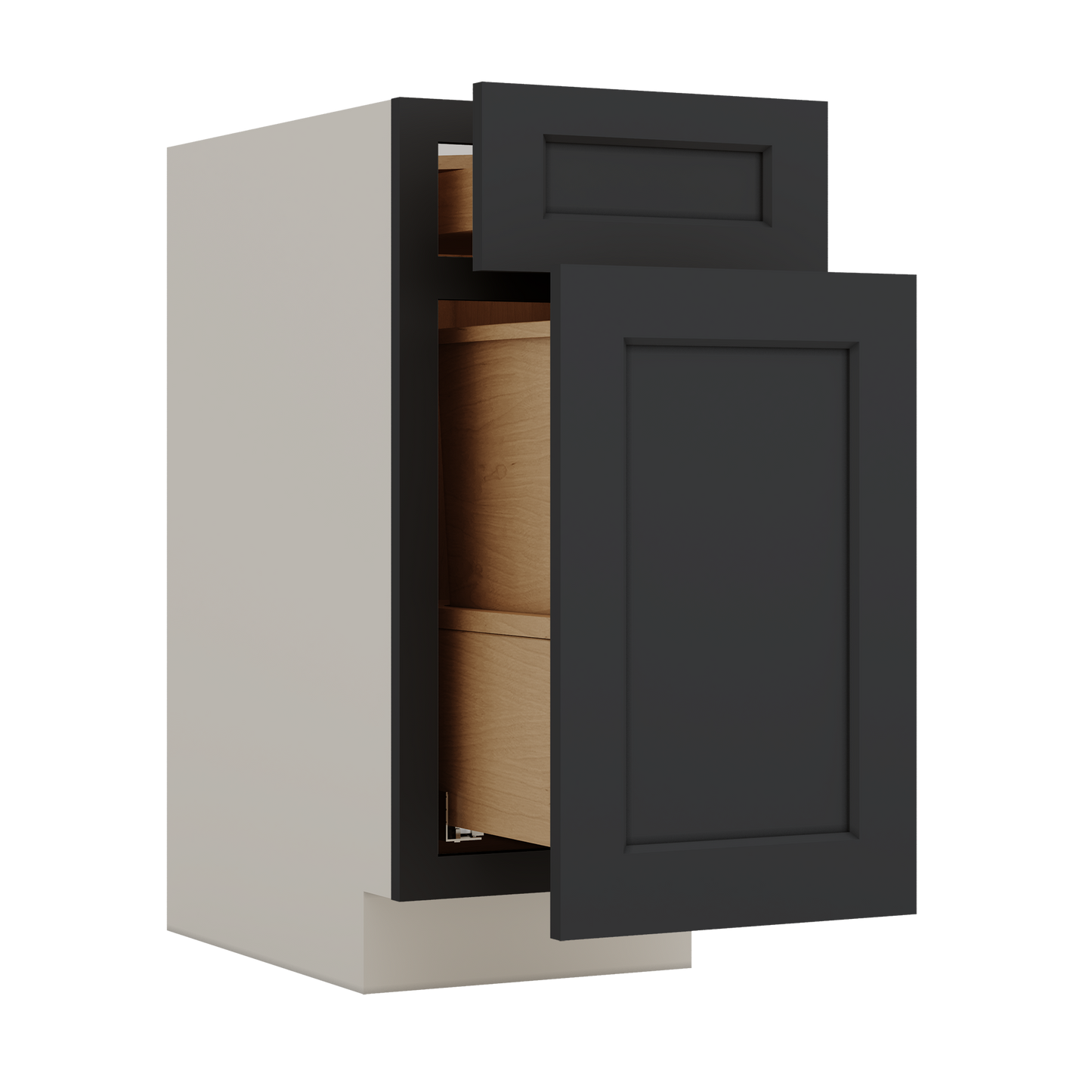 Trash Can Pull Out Base Cabinet 15HNS Hermosa Noir Black Shaker 1-1/4" Overlay 15" and 18" Wide