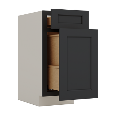 Trash Can Pull Out Base Cabinet 15HNS Hermosa Noir Black Shaker 1-1/4" Overlay 15" and 18" Wide