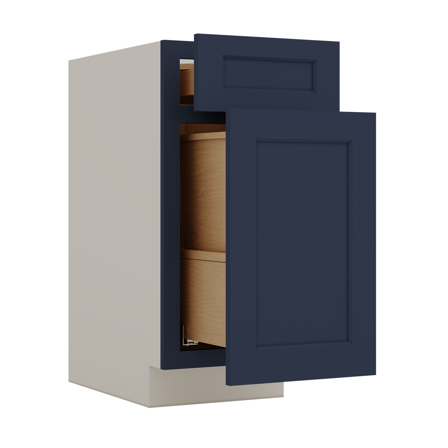 Trash Can Pull Out Base Cabinet NB29 Naval Blue Shaker 1-1/4" Overlay 15" and 18" Wide