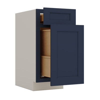 Trash Can Pull Out Base Cabinet 29NB Naval Blue Shaker 1-1/4" Overlay 15" and 18" Wide