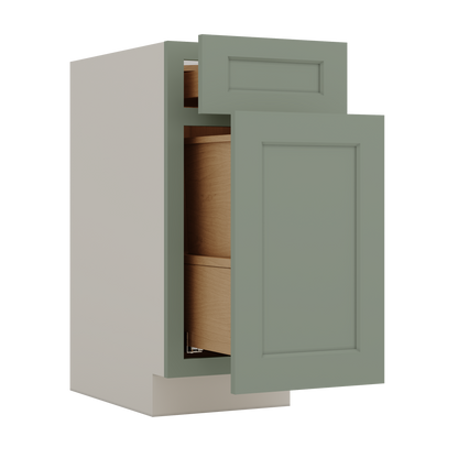 15" and 18" Wide Trash Can Pull Out Base Cabinet Green Shaker 1-1/4" Overlay