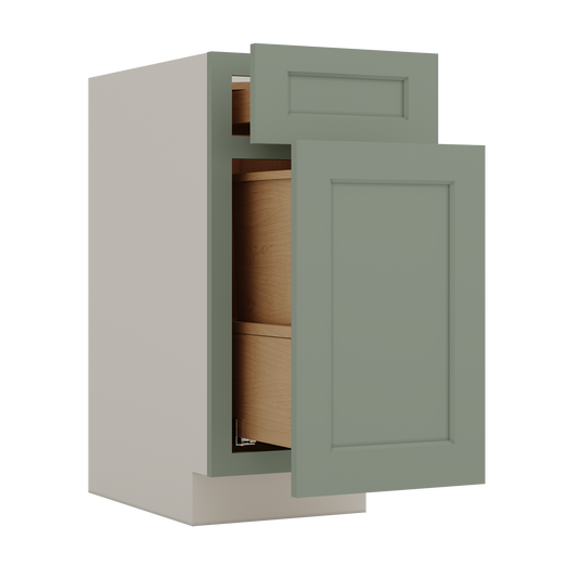 15" and 18" Wide Trash Can Pull Out Base Cabinet Green Shaker 1-1/4" Overlay