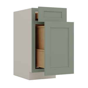 15" and 18" Wide Trash Can Pull Out Base Cabinet Green Shaker 1-1/4" Overlay