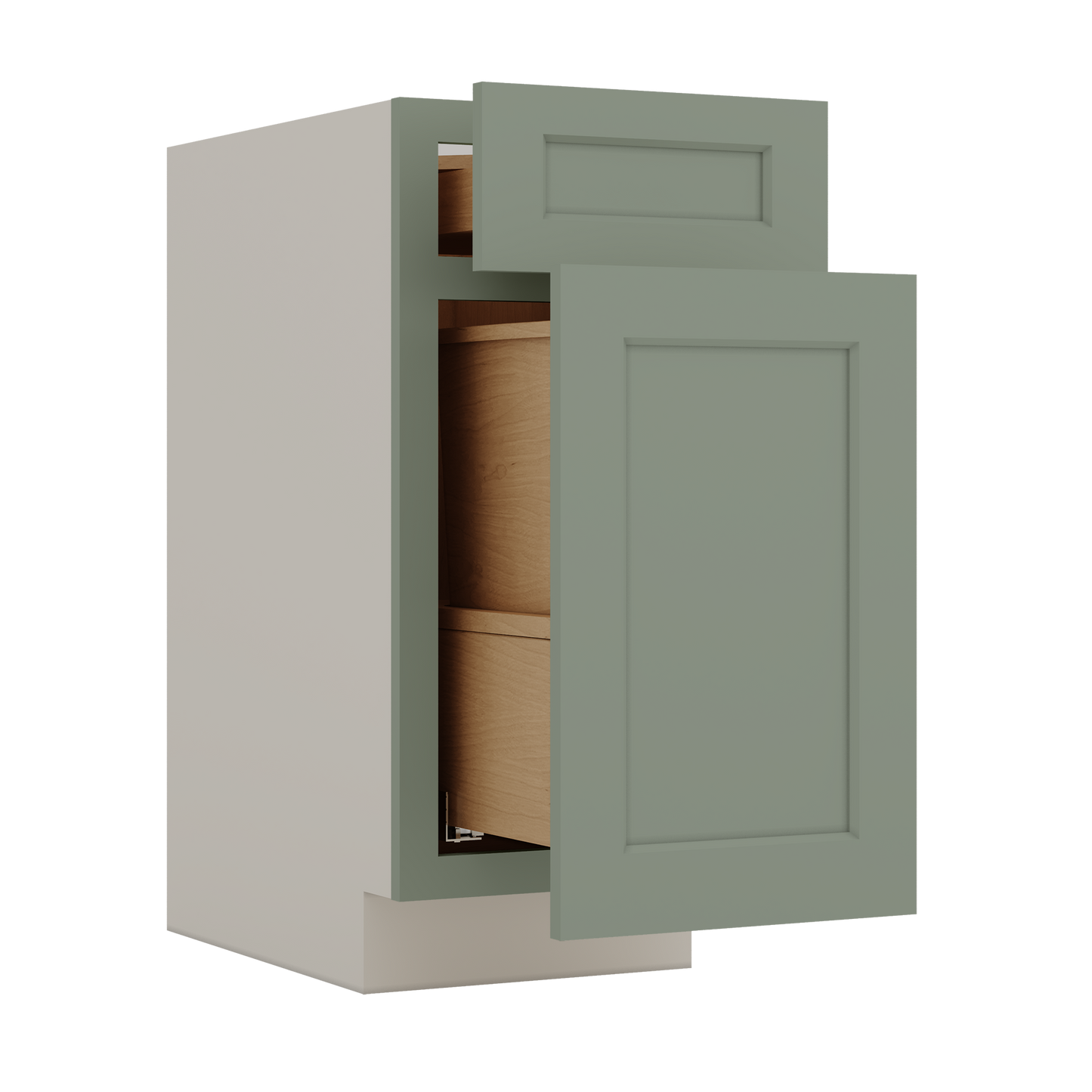 Trash Can Pull Out Base Cabinet 14SG Sage Green Shaker 1-1/4" Overlay 15" and 18" Wide