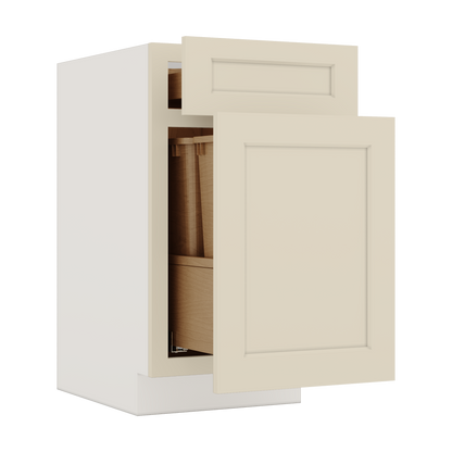 Trash Can Pull Out Base Cabinet Manhattan Cream Shaker 1-1/4" Overlay 15" and 18" Wide
