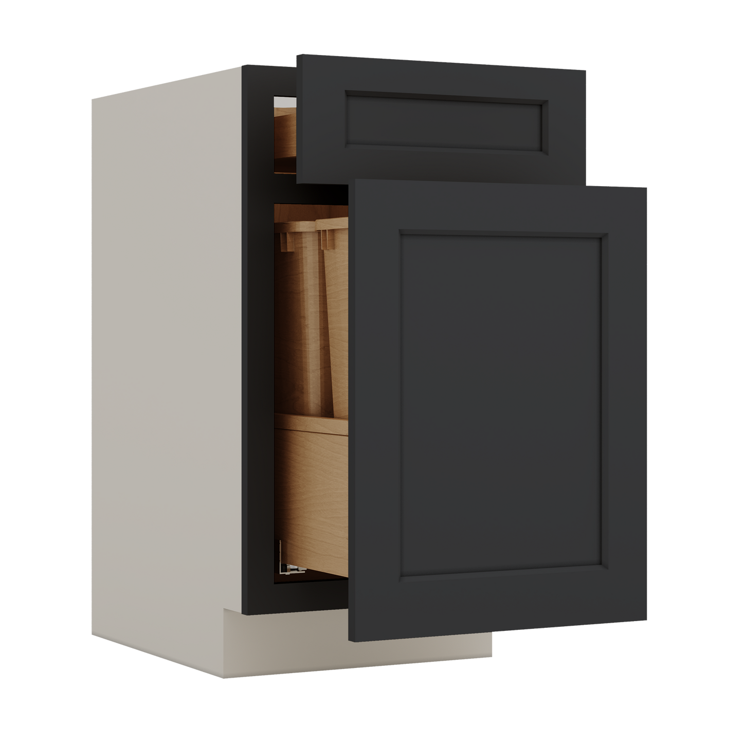 Trash Can Pull Out Base Cabinet 15HNS Hermosa Noir Black Shaker 1-1/4" Overlay 15" and 18" Wide