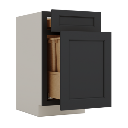 Trash Can Pull Out Base Cabinet 15HNS Hermosa Noir Black Shaker 1-1/4" Overlay 15" and 18" Wide