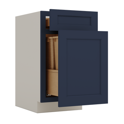 Trash Can Pull Out Base Cabinet NB29 Naval Blue Shaker 1-1/4" Overlay 15" and 18" Wide