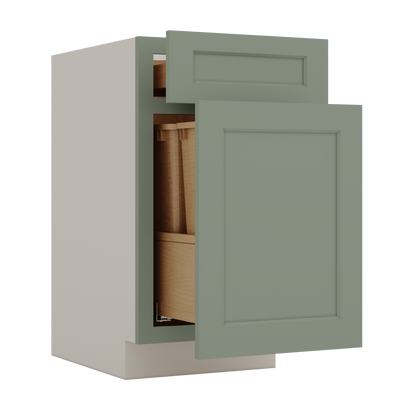 15" and 18" Wide Trash Can Pull Out Base Cabinet Green Shaker 1-1/4" Overlay