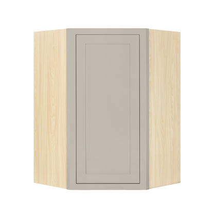 Tuscan Gray 27" x 39" diagonal corner wall cabinet with Shaker doors, Ready-to-Assemble (RTA) kitchen cabinet designed to maximize corner storage for kitchen remodels and new home construction.