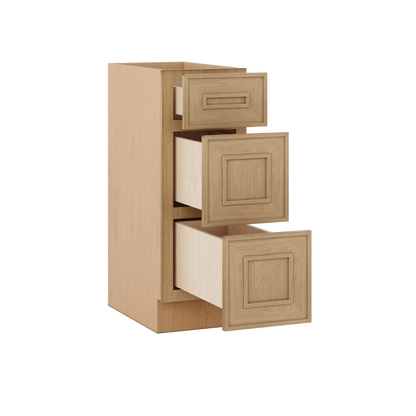 Natural oak elegant craftsman shaker 3-drawer base 12"–21" rta kitchen cabinet – angle view