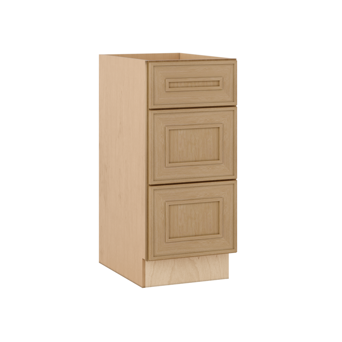 Natural oak elegant craftsman shaker 3-drawer base 12"–21" rta kitchen cabinet – open view