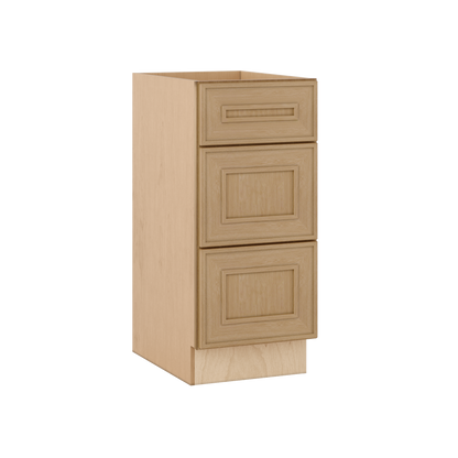 Natural oak elegant craftsman shaker 3-drawer base 12"–21" rta kitchen cabinet – open view