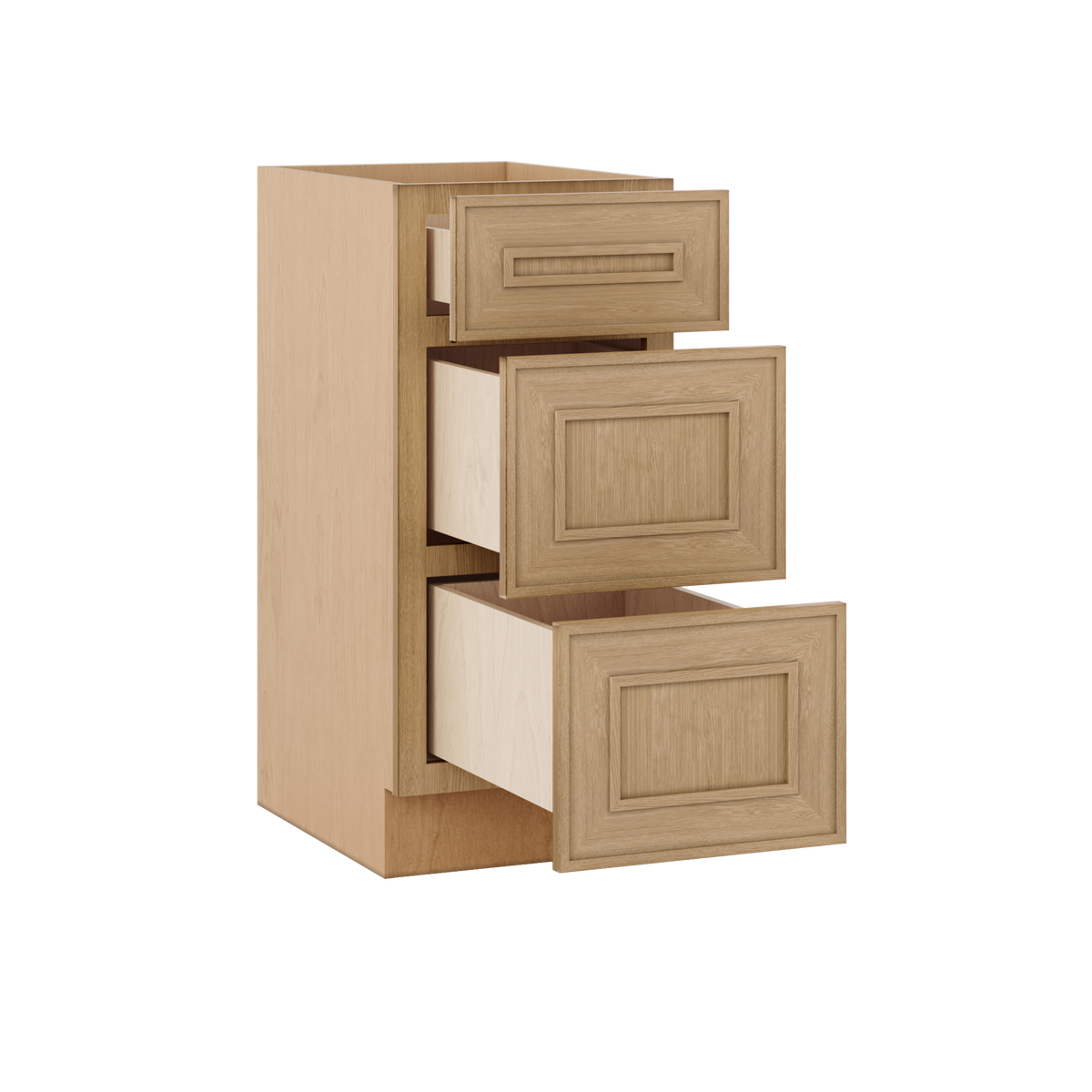 Natural oak elegant craftsman shaker 3-drawer base 12"–21" rta kitchen cabinet – dimension diagram