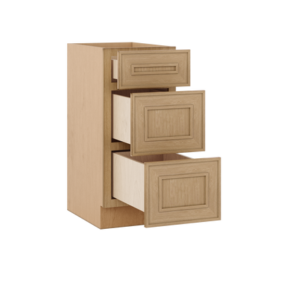 Natural oak elegant craftsman shaker 3-drawer base 12"–21" rta kitchen cabinet – dimension diagram