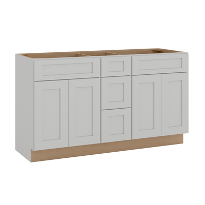 60" Width | Vanity Sink Combo - Double Bowl And Single Bowl Cabinet | RTA Unassembled | Monaco White Shaker Full Overlay