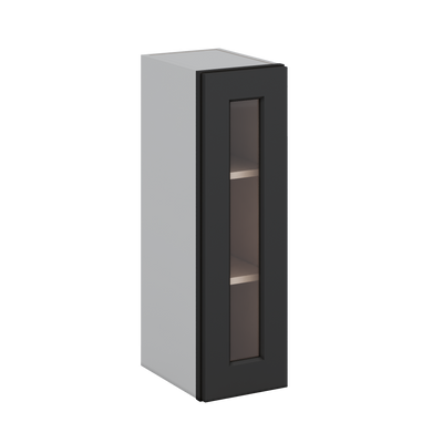30" Tall 15HNS Hermosa Noir Black Shaker 1-1/4" Overlay Wall Glass Cabinet - Single Door 9", 12", 15", 18", 21" WIde