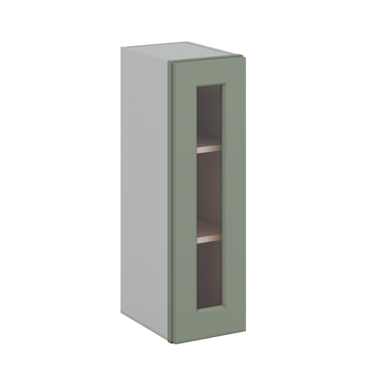 30" Tall Green Shaker 1-1/4" Overlay Wall Glass Cabinet - Single Door 9", 12", 15", 18", 21" WIde