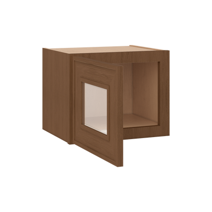 12" Tall 12" Deep - 12", 15", 18", 21", 24", 27", 30", 33" & 36" Wide Glass Door Stacker | Wall Mocha Elegant Oak Craftsman Shaker 1-1/4" Overlay Wall Cabinet