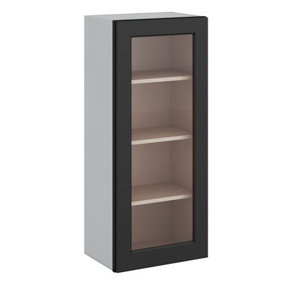 42" Tall 15HNS Hermosa Noir Black Shaker 1-1/4" Overlay Glass Ready Wall Cabinet - Single Door 9", 12", 15", 18", 21"
