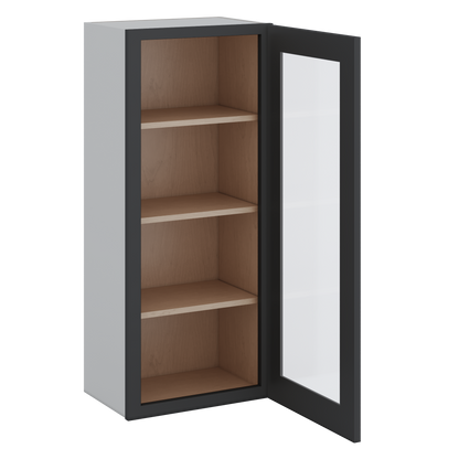 42" Tall 15HNS Hermosa Noir Black Shaker 1-1/4" Overlay Glass Ready Wall Cabinet - Single Door 9", 12", 15", 18", 21"