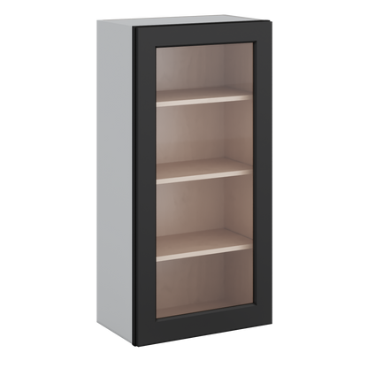 42" Tall 15HNS Hermosa Noir Black Shaker 1-1/4" Overlay Glass Ready Wall Cabinet - Single Door 9", 12", 15", 18", 21"