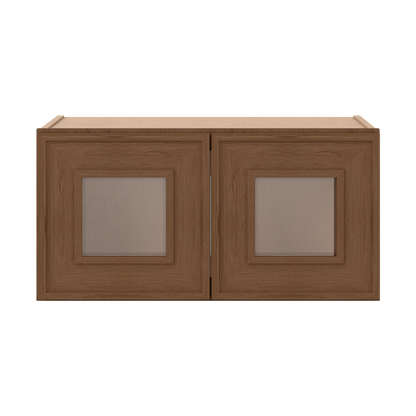 12" Tall 12" Deep - 12", 15", 18", 21", 24", 27", 30", 33" & 36" Wide Glass Door Stacker | Wall Mocha Elegant Oak Craftsman Shaker 1-1/4" Overlay Wall Cabinet