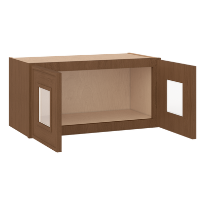 12" Tall 12" Deep - 12", 15", 18", 21", 24", 27", 30", 33" & 36" Wide Glass Door Stacker | Wall Mocha Elegant Oak Craftsman Shaker 1-1/4" Overlay Wall Cabinet
