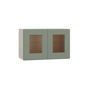 15" Tall Green Shaker Stackable Glass Wall Cabinet - Double Door 24", 27", 30", 33" & 36" Wide