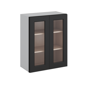 30" Tall 15HNS Hermosa Noir Black Shaker 1-1/4" Overlay Wall Glass Cabinet - Double Door 24", 27", 30", 33" & 36" Wide