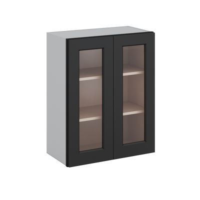 30" Tall 15HNS Hermosa Noir Black Shaker 1-1/4" Overlay Wall Glass Cabinet - Double Door 24", 27", 30", 33" & 36" Wide