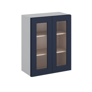 30" Tall 29NB Naval Blue Shaker 1-1/4" Overlay Wall Glass Cabinet - Double Door 24", 27", 30", 33" & 36" Wide