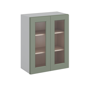 30" Tall Green Shaker 1-1/4" Overlay Wall Glass Cabinet - Double Door 24", 27", 30", 33" & 36" Wide