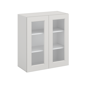 30" Tall 2WS White Shaker 1-1/4" Overlay Wall Glass Cabinet - Double Door 24", 27", 30", 33" & 36" Wide