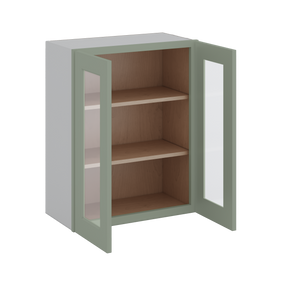 30" Tall Green Shaker 1-1/4" Overlay Wall Glass Cabinet - Double Door 24", 27", 30", 33" & 36" Wide
