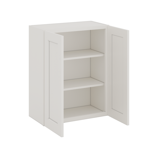 30" Tall White Shaker 1-1/4" Overlay Wall Cabinet - Double Door 24", 27", 30", 33" & 36" Wide