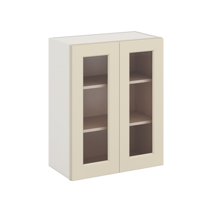 30" Tall Manhattan Cream Shaker 1-1/4" Overlay Glass Ready Wall Cabinet - Double Door 24", 27", 30", 33" & 36" Wide