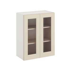 30" Tall Manhattan Cream Shaker 1-1/4" Overlay Wall Glass Cabinet - Double Door 24", 27", 30", 33" & 36" Wide