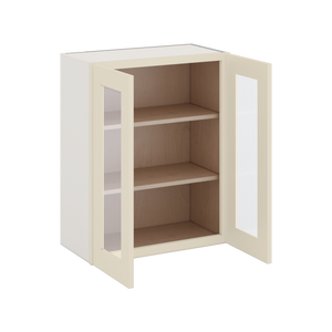 30" Tall Manhattan Cream Shaker 1-1/4" Overlay Wall Glass Cabinet - Double Door 24", 27", 30", 33" & 36" Wide
