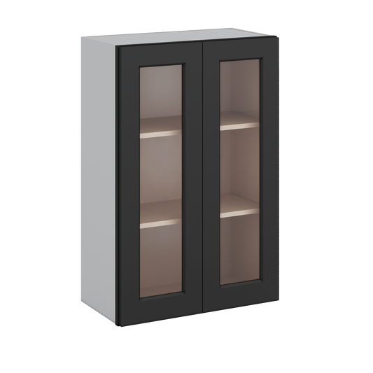36" Tall 15HNS Hermosa Noir Black Shaker 1-1/4" Overlay Glass Ready Wall Cabinet - Double Door 24", 27", 30", 33" & 36" Wide