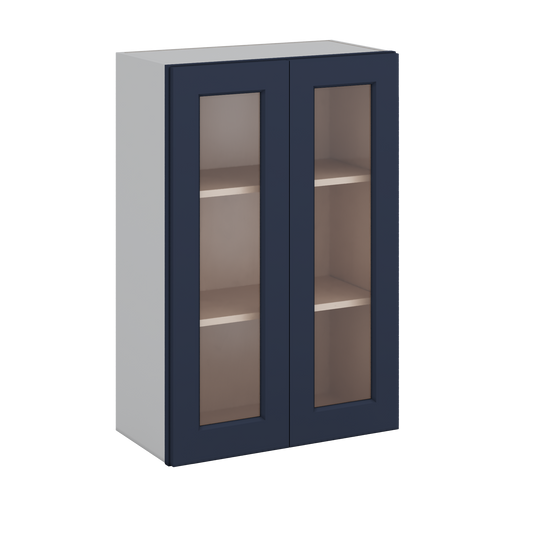 36" Tall NB29- Naval Blue Shaker 1-1/4" Overlay Glass Ready Wall Cabinet - Double Door 24", 27", 30", 33" & 36" Wide