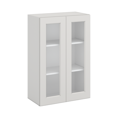 36" Tall 2WS White Shaker 1-1/4" Overlay Wall Glass Cabinet - Double Door 24", 27", 30", 33" & 36" Wide