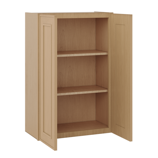 Natural oak elegant craftsman shaker double-door wall 24"–36" rta kitchen cabinet – angle view
