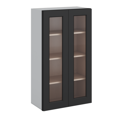 Double Door 24", 27", 30", 33" & 36" - 42" Tall Wall Cabinet Black Shaker 1-1/4" Overlay Glass Ready Wall Cabinet -