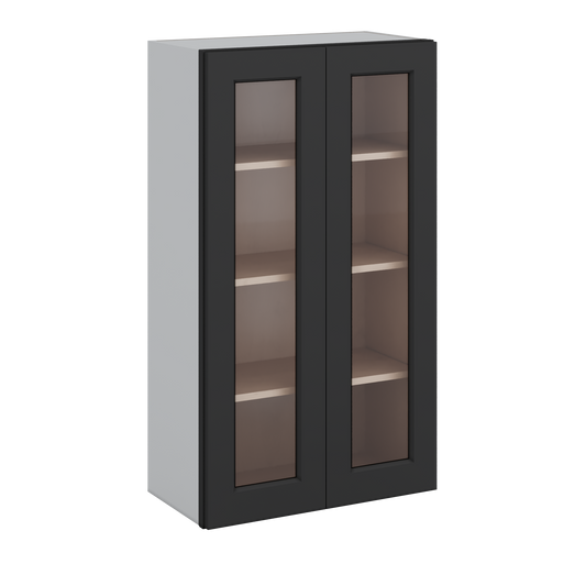 Double Door 24", 27", 30", 33" & 36" - 42" Tall Wall Cabinet Black Shaker 1-1/4" Overlay Glass Ready Wall Cabinet -