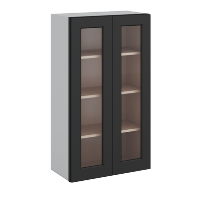 42" Tall Wall Cabinet 15HNS Hermosa Noir Black Shaker 1-1/4" Overlay Glass Ready Wall Cabinet - Double Door 24", 27", 30", 33", 36"