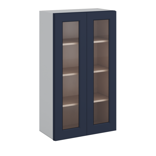 42" Tall NB29 Naval Blue Shaker 1-1/4" Overlay Glass Ready Wall Cabinet - Double Door 24", 27", 30", 33", 36"