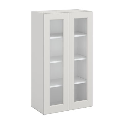 42" Tall 2WS White Shaker 1-1/4" Overlay Wall Glass Cabinet - Double Door 24", 27", 30", 33", 36"